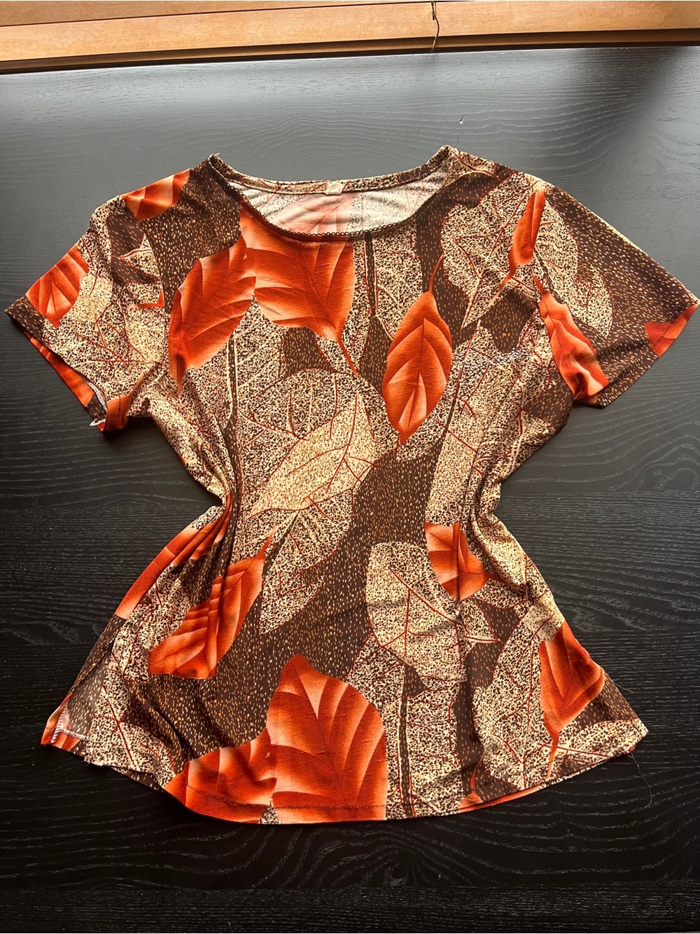 Vintage Groovy Orange & Brown Leaf Print Tunic Top